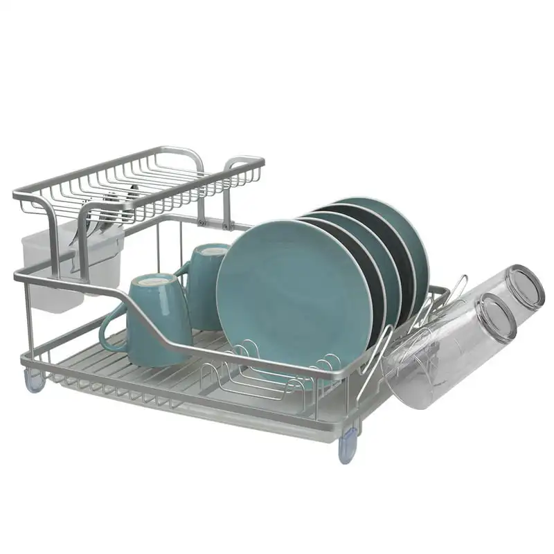 

2-Tier Aluminum Dish Rack Organizer Bowl Tableware Plate Storage