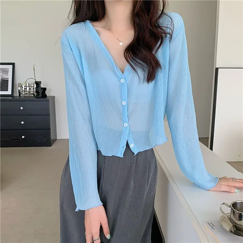 Korean New Micro Wrinkle Chiffon Cardigans Women Thin Design Single Breasted Long Sleeve Summer Cropped Cardigan Mujer