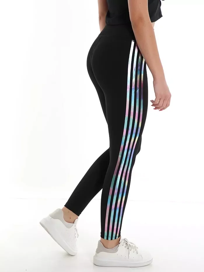 

Sports tights for training, elastic leggings, sports leggings with side stripes, two , iridescent