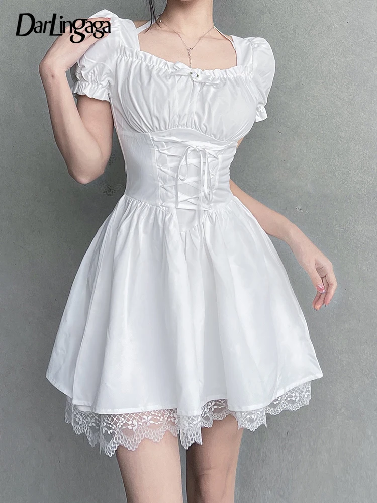 

Darlingaga Kawaii Fashion Square Collar White Women's Dress Bow Lace Spliced Ruched Summer Dress Lace Up Frill Korean Sundress