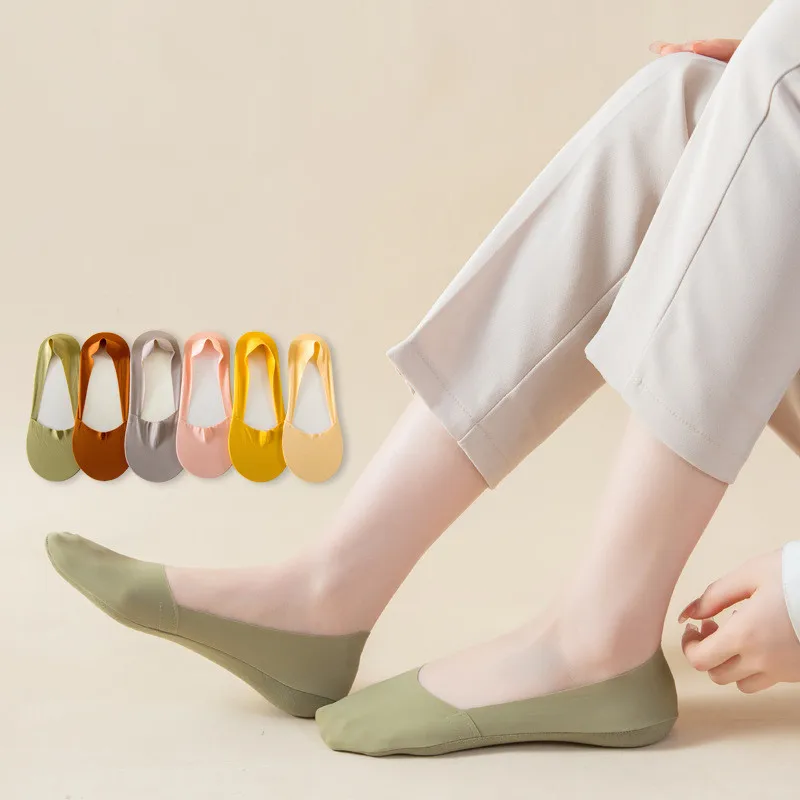 

6 Pair Woman Summer Thin Boat Socks Slippers Silicone Antiskid Ice Silk Socks Seamless Invisible Shallow Mouth Breathable Socks