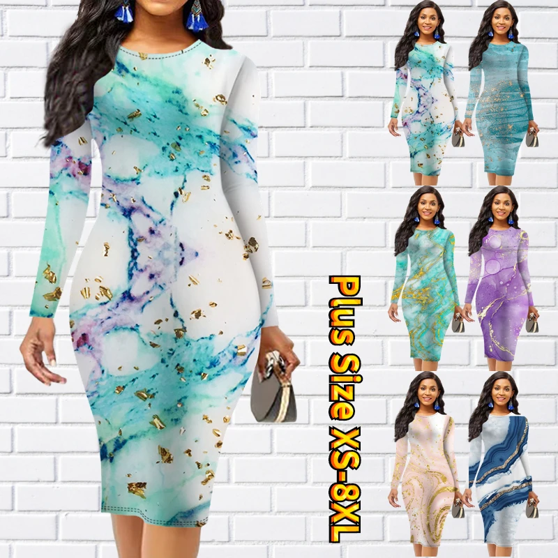 

Женская юбка до колен с принтом, элегантная повседневная юбка-футляр с круглым вырезом и длинным рукавом, Осень-зима