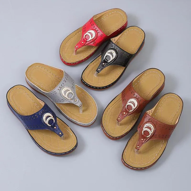 Women's Beach Flip Flops Summer Wedge Sandals Rhinestone Metal Buckle Platform Slippers Ladies Casual Shoes Plus Size 43