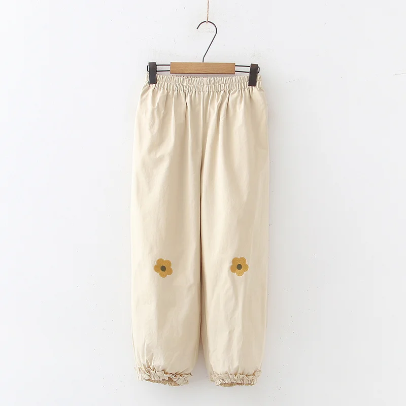 

Harajuku Girl Baggy Pants Floral Embroidery Sweet All-match Trousers Lovely Japanese Style Beige Kawaii Cute Y2k Trouser Fall