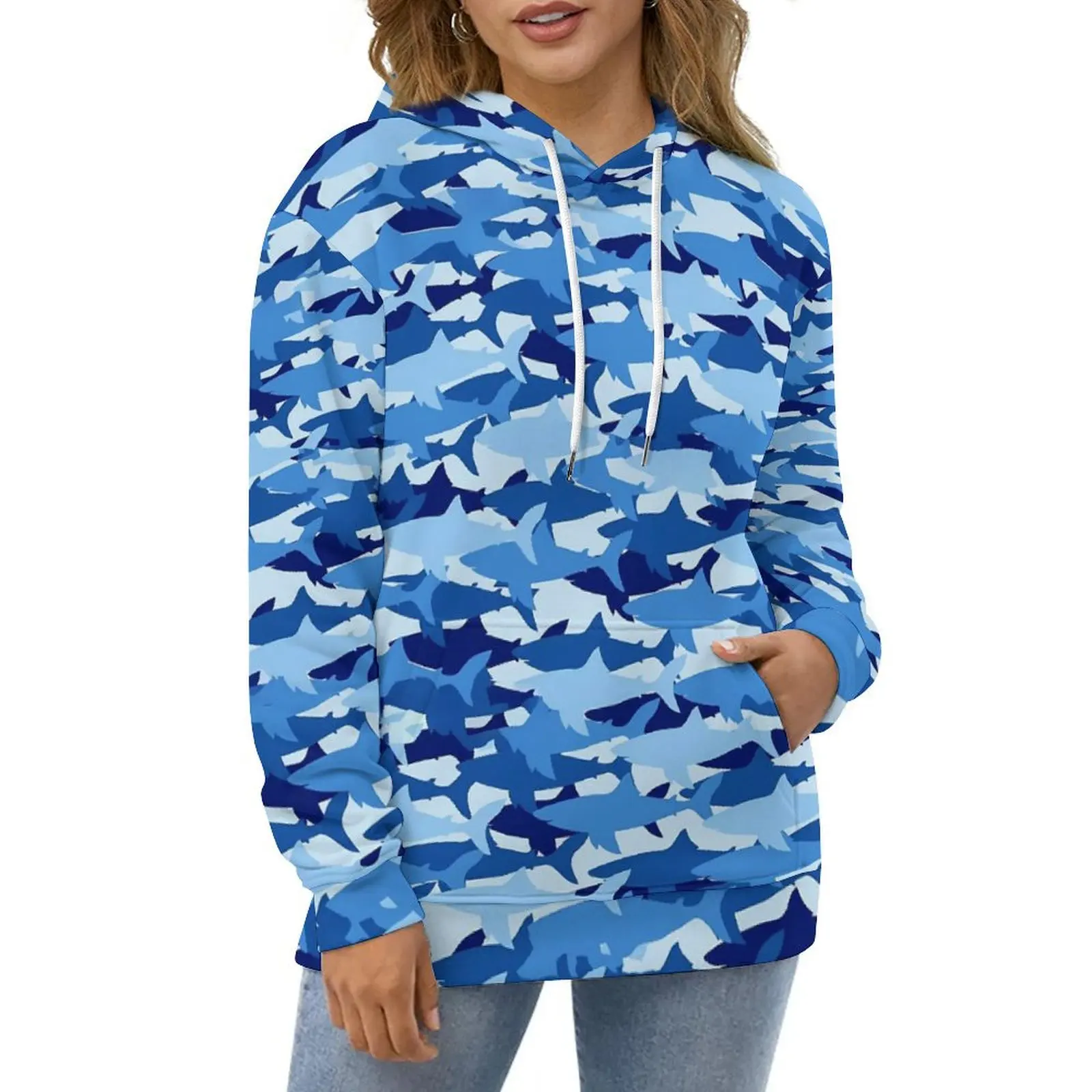 Синие толстовки с изображением акулы уличная одежда животным принтом толстовка