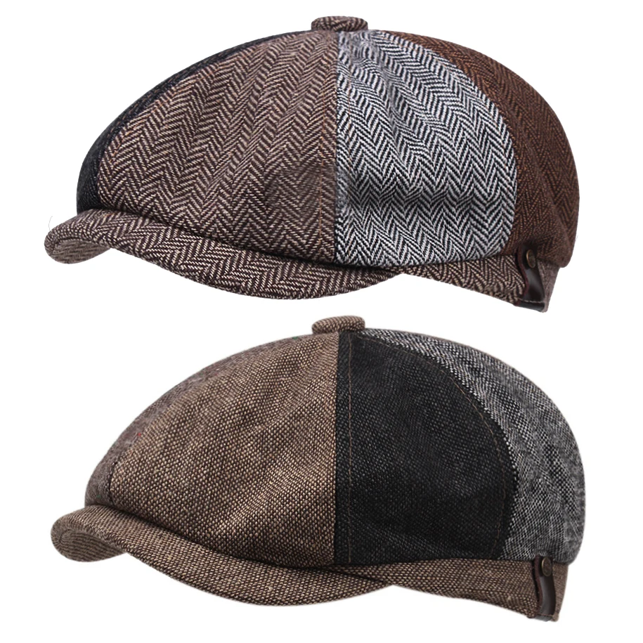 2021 Creative Newsboy Hat Men Beret Splicing Tweed Herringbone Gatsby Hats Autumn Winter Street Caps Octagonal Cap Berets