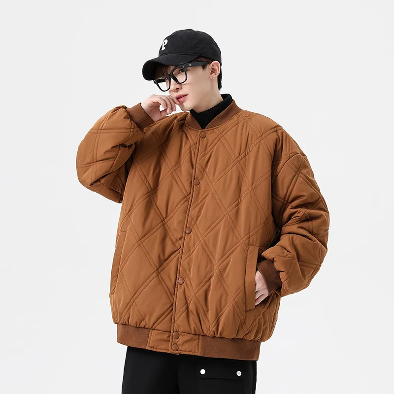 Autumn and winter diamond plaid warm cotton Jacket Men's fashion casual baseball collar cotton Jacket Trendy cotton clothes