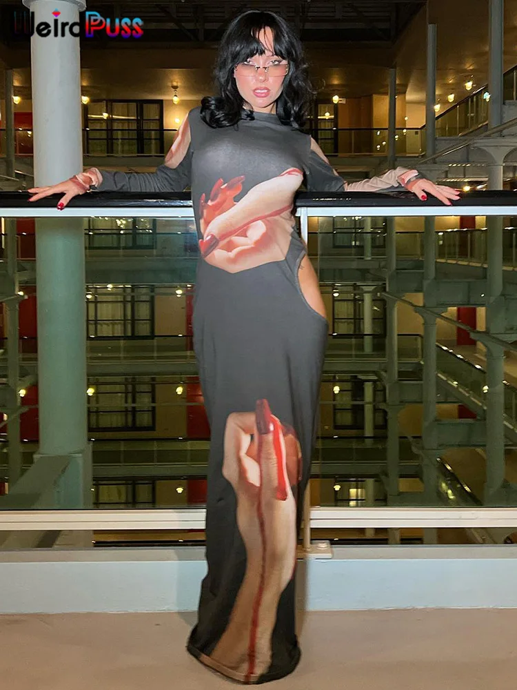 

Женское длинное платье-футляр, облегающее платье с длинным рукавом и художественным принтом