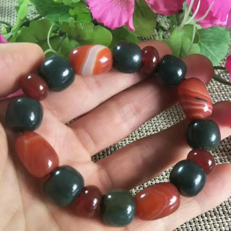 

Natural Green Jade Bracelet Men Women Healing Bangle Real Chinese Hetian Nephrite Jades With Agate Bead Elastic Beaded Bracelets