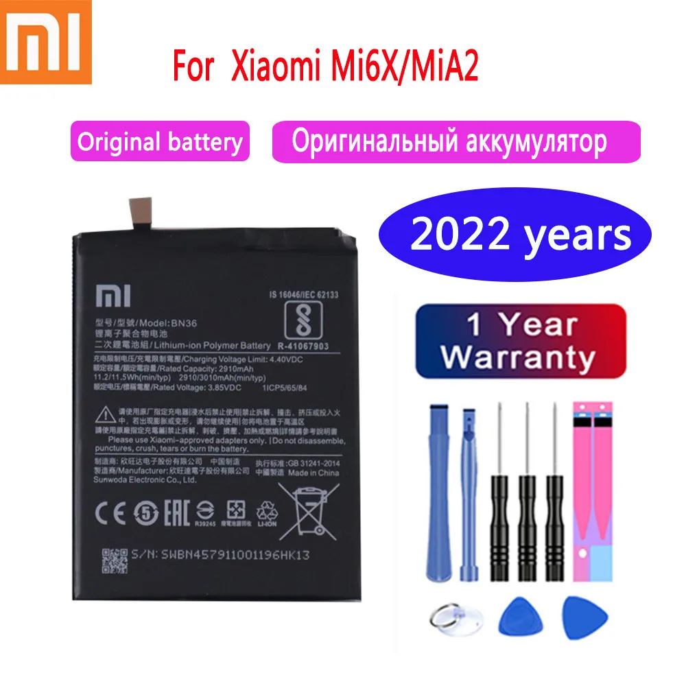 

2022 год 100% Xiao mi Оригинальный аккумулятор для Xiaomi Mi 6X A2 Mi6X MiA2 3000 мАч аккумулятор BN36 + Инструменты