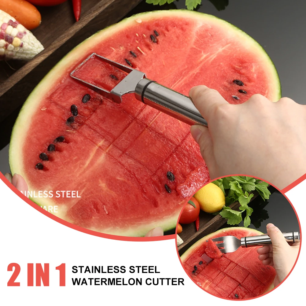 

2 In 1 Watermelon Fork Slicer Multi-purpose Stainless Steel Watermelon Slicer Knife Kitchen Fruit Cutting Fork Kitchen Gadgets