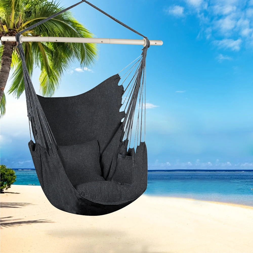 

Hammock Chair Hanging Rope Swing, Hammock Chair Swing Seat with Metal Support Bar, Side Pocket & 2 Soft Cushions, Large Hanging
