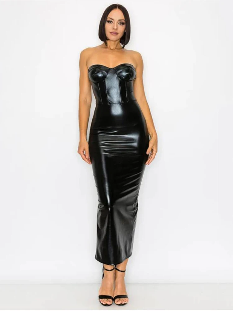 

Длинное черное платье из искусственной кожи с открытой спиной, женское сексуальное облегающее платье макси без бретелек с тонким подолом и высоким разрезом, стандартное платье с запахом на груди