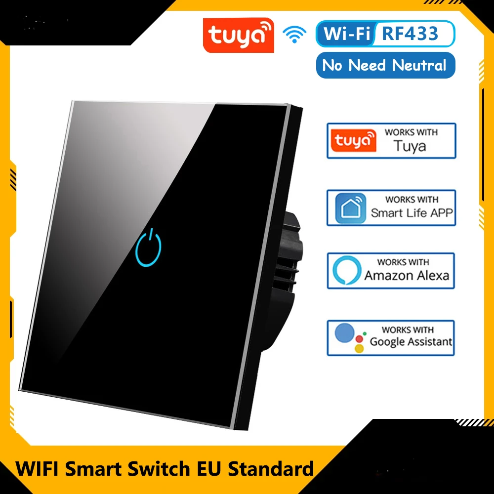

Smart Switch Alexa RF433 No Neutral Tuya Control Works With Google 1/2/3 Gang Smart Life Home Light WiFi Touch Switches