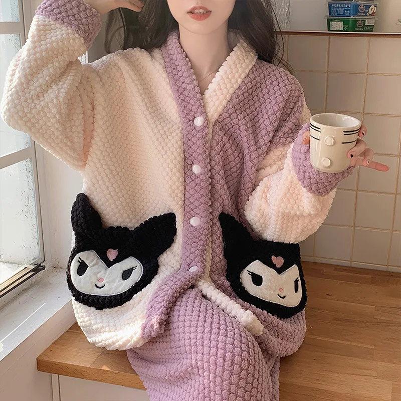 

Аниме Kawaii Sanrio Pachacco Kuromi Y2K Новая женская пижама Осень-Зима Новинка плюс бархатный утепленный коралловый бархат кардиган подарок