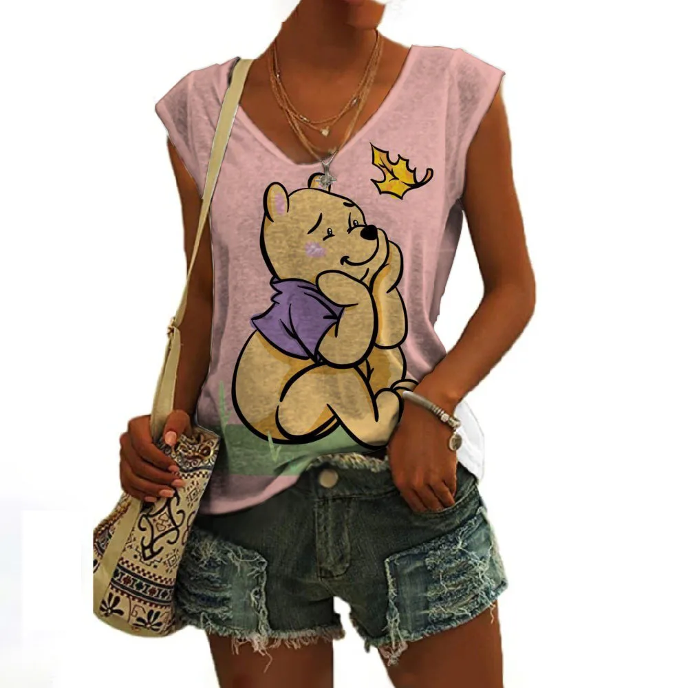 

Summer Hot Sale Ladies New Disney Brand Winnie the Pooh Anime 3D Printing V Neck Street Style Sleeveless Vest Y2K