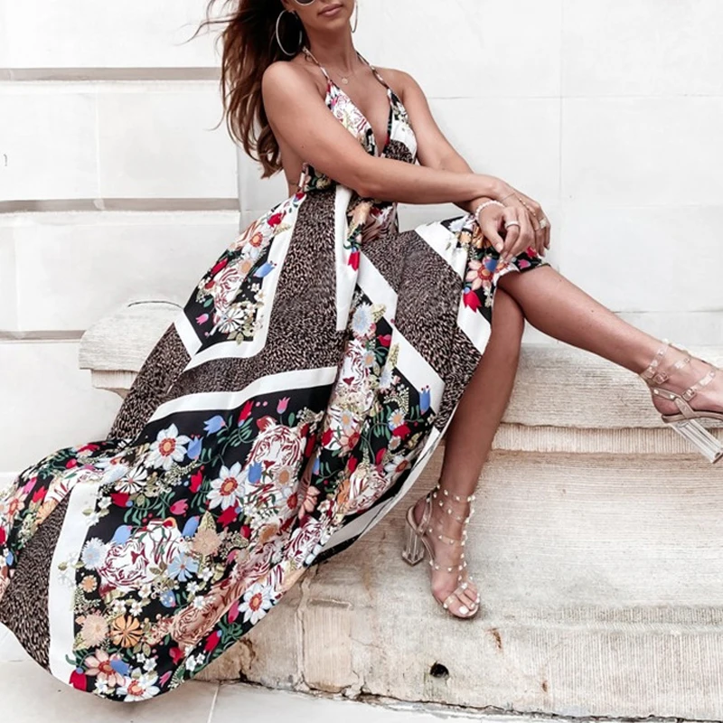 

Vintage Pattern Print Sleeveless Dress Summer Women Casual Beach Bohemian Dress Sexy Sling V-Neck High Waist Backless Long Dress