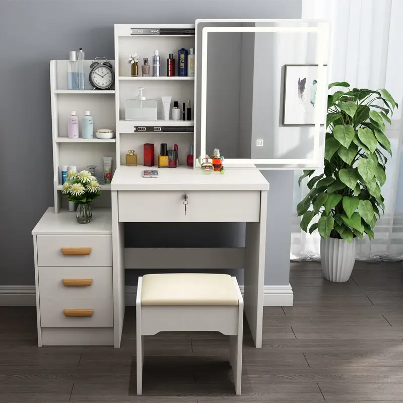 Vanity Table Make-up Table Simple Mirror Stool With Lamp Storage Drawer Boxes Dressing Table Bedroom Simple Modern Table Wood