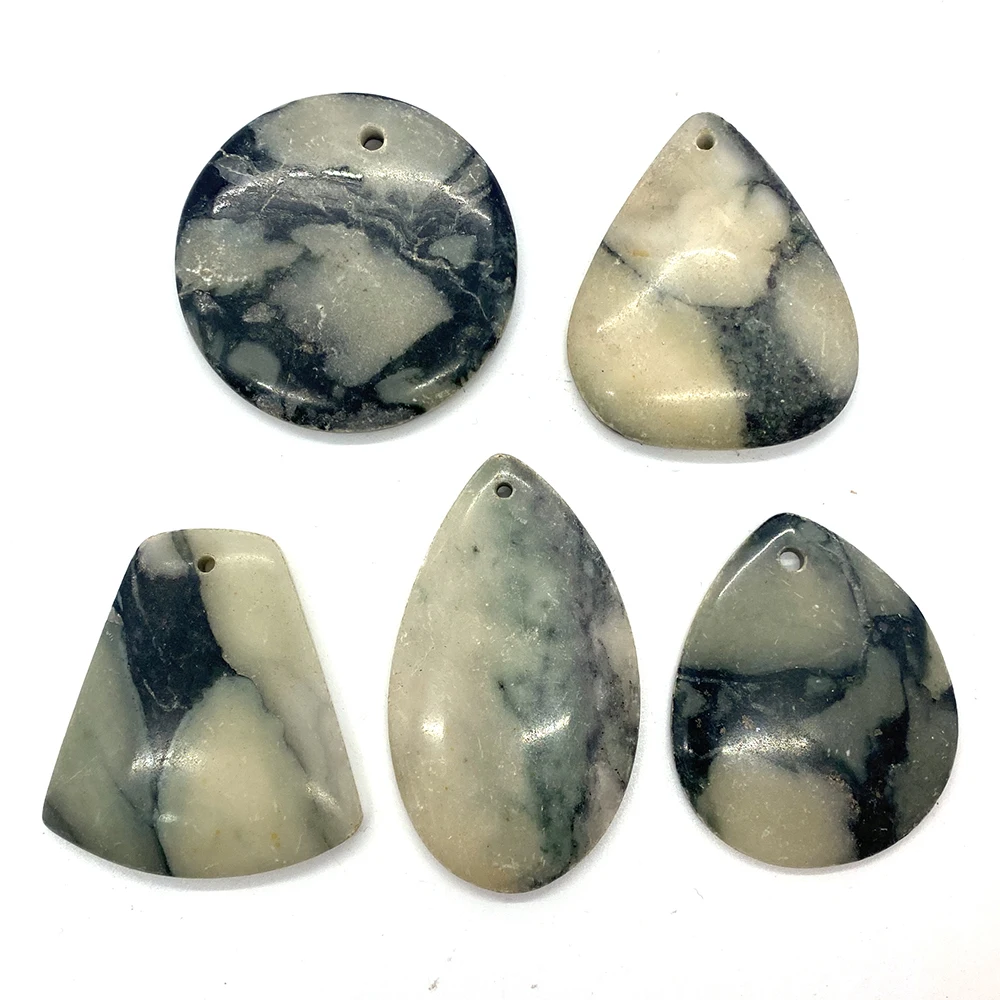 5pcs Natural Stone Pendant Necklace Black and White Striped Agate Quartz Water Drop Oval Reiki Meditation Jewelry 5pcs/set