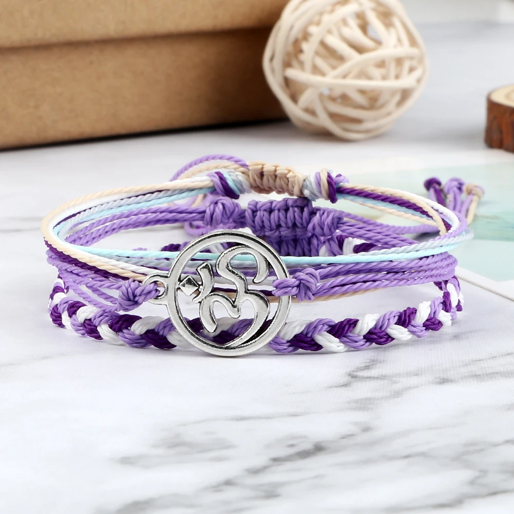 

Счастливый Тибетский Браслет Набор Фиолетовый Восковая Нить Веревка Пара Плетеный Браслет Древо Жизни Символ Ом Шарм Браслеты Женщины Муж...