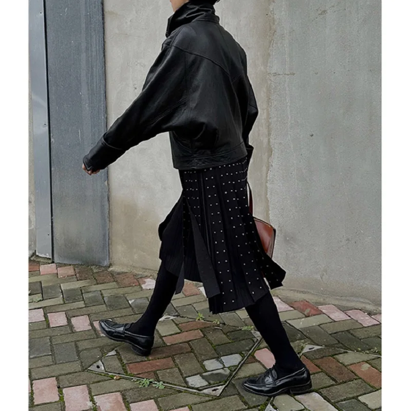 Кожаная куртка женская весна осень личи из овчины с большими лацканами винтажные