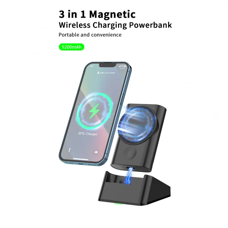 

Magnetic Power Bank for Magsafe 5200mAh Wireless Charger Stand for iWatch iPhone 14 13 12 Xiaomi Powerbank Built in Cable Type C