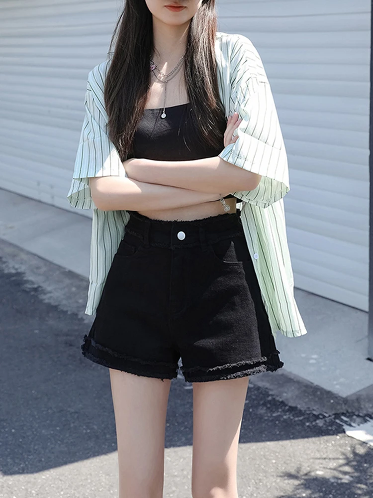 Streetwear Women High Waist Wide Leg Raw Hem Denim Shorts Spring Summer Female Frayed Retro Jeans Shorts Bottoms