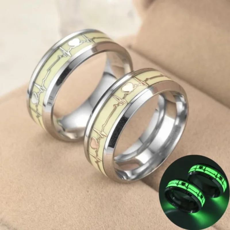 

Stainless Steel Luminous Finger Ring for Women Men Glowing In Dark Heart Couple Fluorescent Wedding Bands Jewelry Ring Accessory