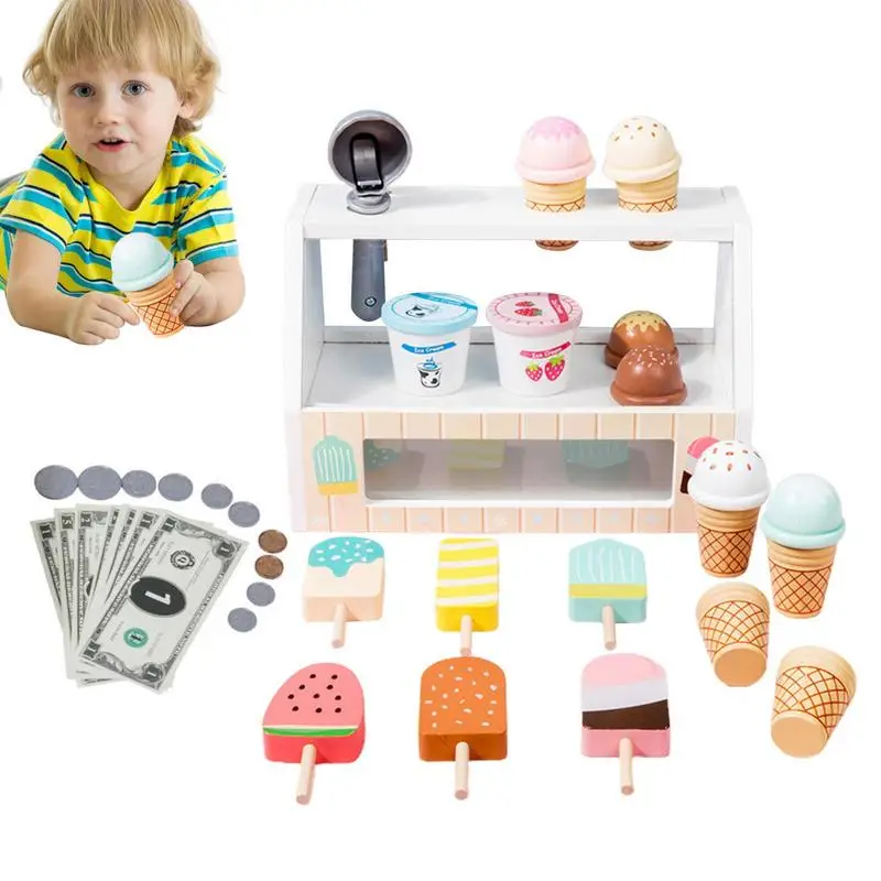 

Ice Cream Counter Playset For Kids Montessori Pretend Play Food Wooden Scoop And Serve Fake Ice Cream Food Toys Kids Kitchen