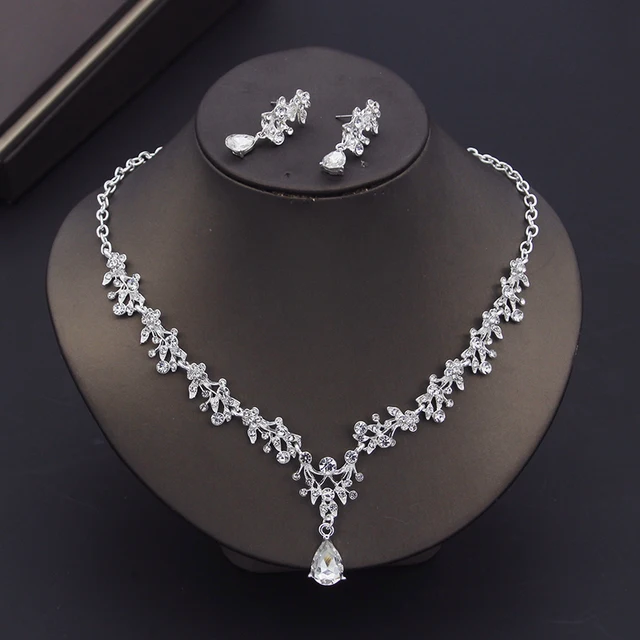 Gold and Silver Color Crystal Bridal Jewelry Sets for Women Earring Wedding Choker Necklace Set Bride Jewelry Sets Fashion 4