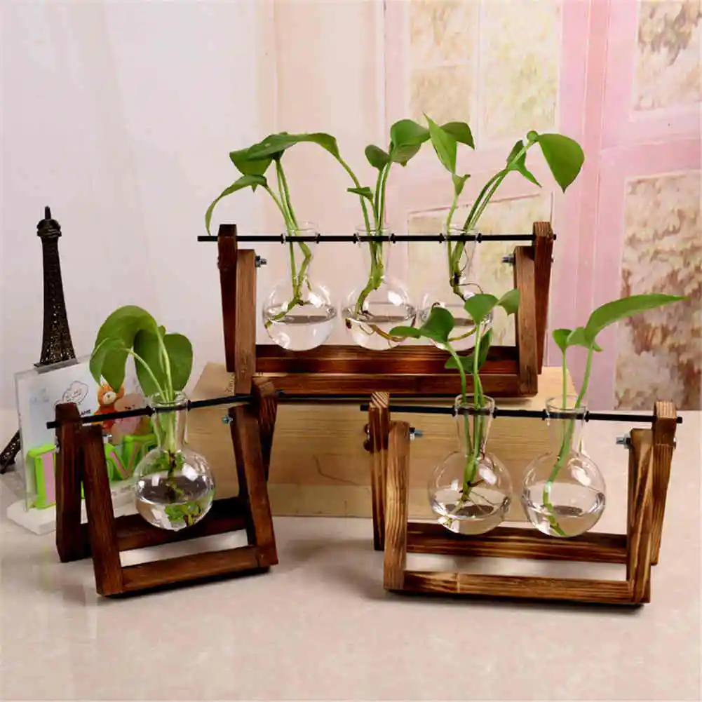 

Glass Wood Vase Planter Terrarium Table Desktop Hydroponics Plant Bonsai Flower Pot Hanging Pots with Wooden Tray Home Decor FU