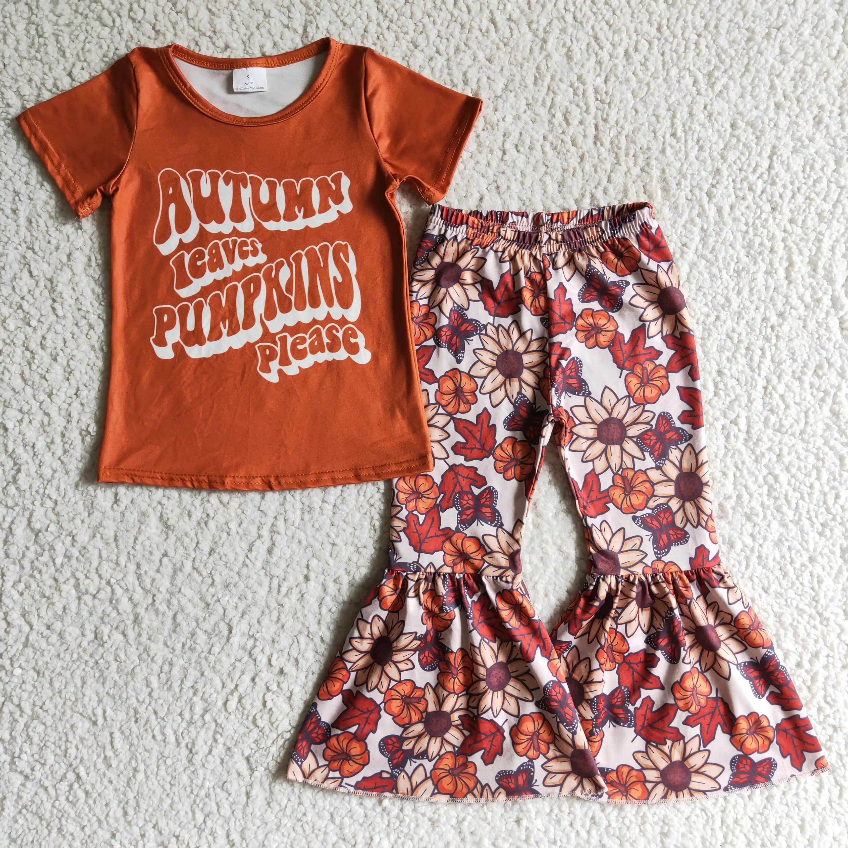

Wholesale toddler set girl autumn leaves pumpkins please alphabet tops fall flower bell bottom pants outfits
