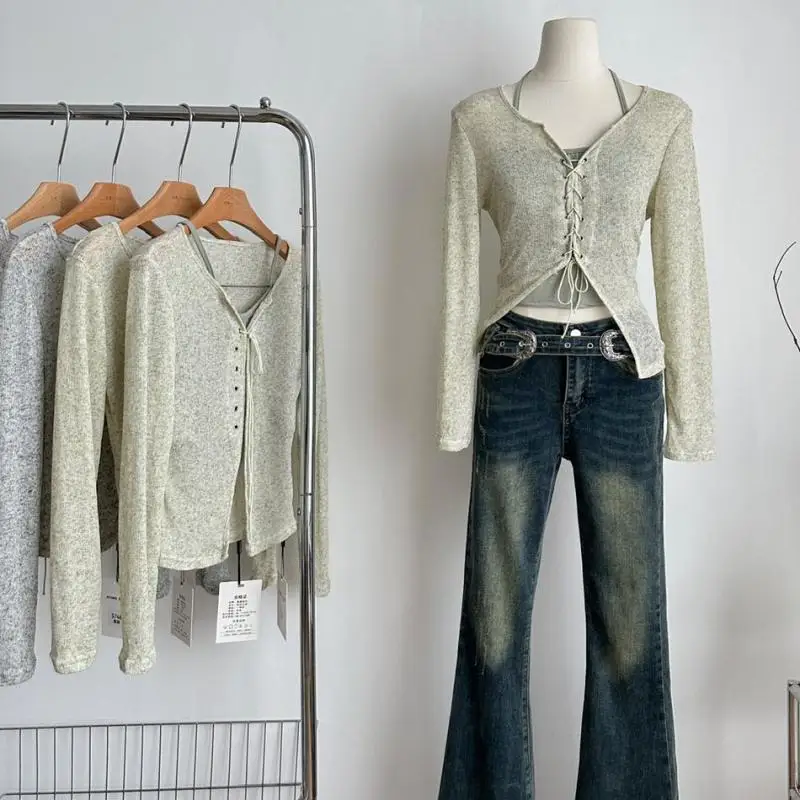 

Lauri Laki 2 Pics Criss-cross Bandage Knit Tops Women Slim Thin Long Sleeve Sweater Autumn 2023 Knitwear