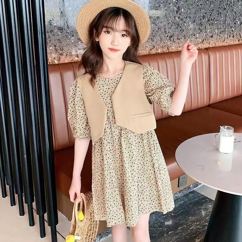 

2023 summer Teens Girls Clothes Kids children set Leisure waistcoat + Polka dots Korea long dress 6 7 9 10 11 12 14 Year