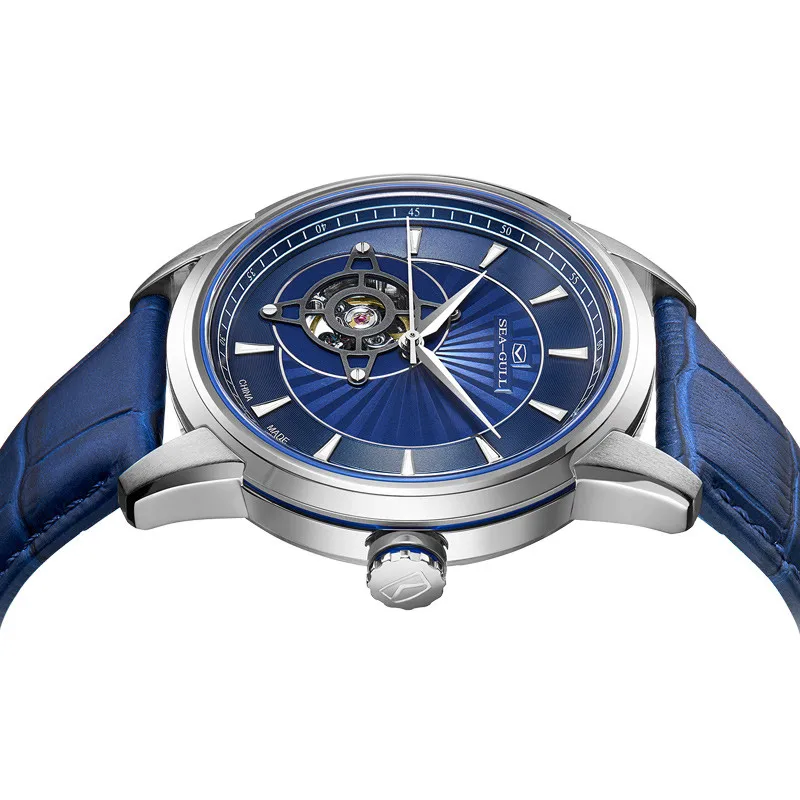 2022 Seagull Men's Watch Automatic Mechanical Watch Business Fashion Blue Waterproof Leather Hollow Flywheel Watch 1014K