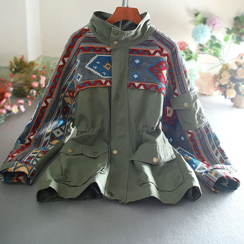 Bf Style Large Size Embroidered Jacket Women Spring Autumn Stand Collar Loose Outwear
