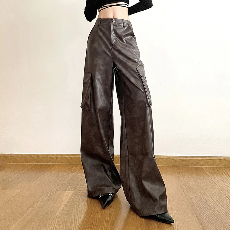 

Goth Dark Faux Leather Y2k Streetwear Cargo Pants Cyber Gothic Punk High Waist Baggy Trousers 90s Grunge Vintage Female Bottoms