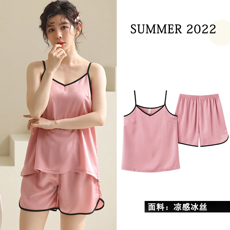 

Women's Pajamas Thin Summer Ice Silk Satin Suspenders Shorts Chiffon 2 Piece Set Women Sexy Underwear Vest Women's Home Clothes