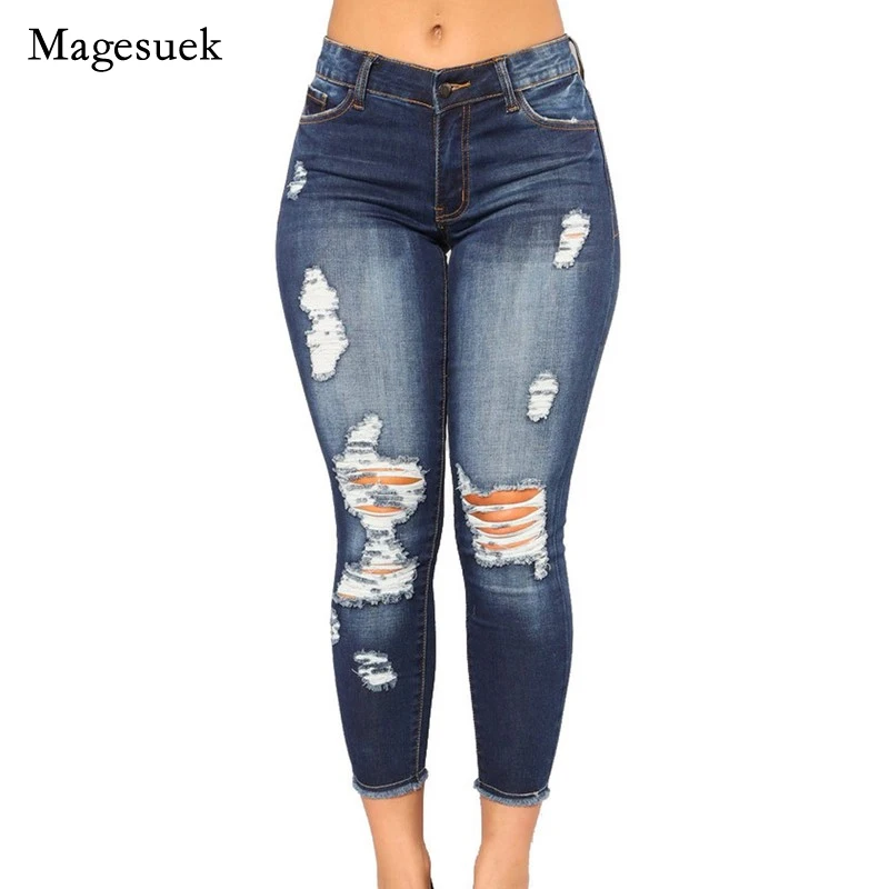 

2021 Autumn Fashion New Denim Jeans Skinny Jeans for Women Pencil Pants High Waist Ripped Washed Jeans Full Length Trouser 16218