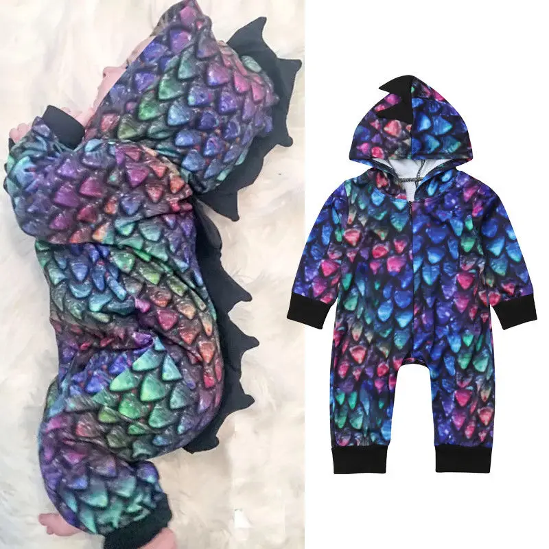 

Baby Boy Dinosaur Print Romper Long Sleeve Zip Up Hooded Jumpsuit 0-24M Newborn Infant Toddler Spring Fall Casual Outfits 2022