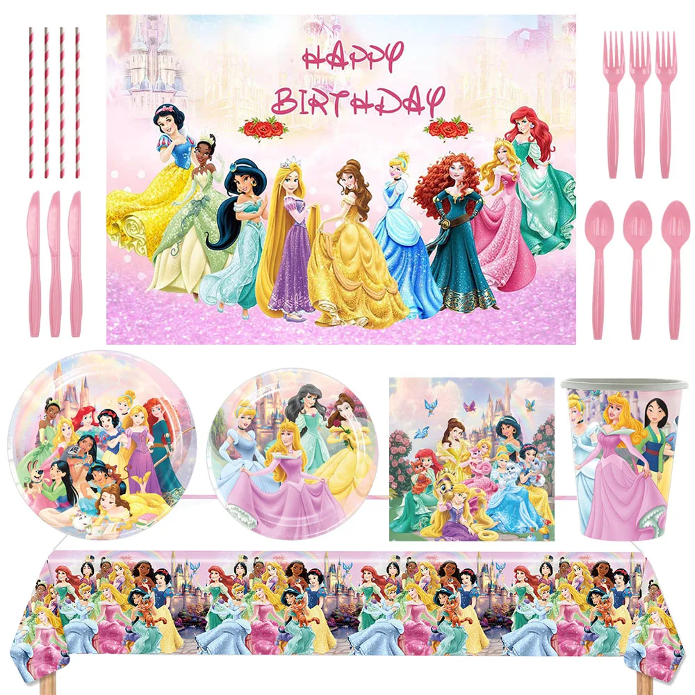

Disney Cartoon Jasmine Snow White Belle Rapunzel Princess Birthday Party Supplies Disposable TablewareSet Baby Shower Girl Gift