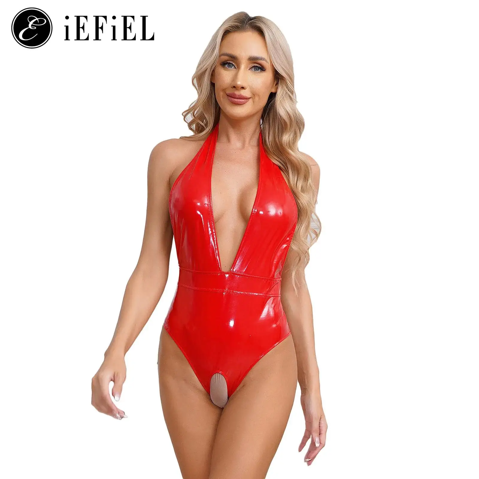 

Womens Wet Look Leather Halter Deep V Neck Open Crotch Backless Leotard Bodysuit High Cut Crotchless Thongs Catsuit Teddy
