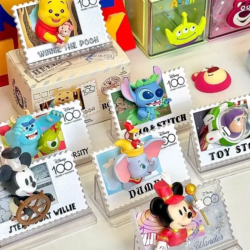 

Disney 100th Anniversary Retro Stamp Figure Mickey Mouse Stitch The Pooh Refrigerator Sticker Model Doll Statue Toy Xmas Gift