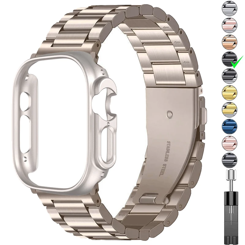 

Stainless Steel Strap+Case for Apple Watch Band Ultra 49mm Metal Wristband Cover IWatch Series 8 7 45mm 41mm Bumper Bracelet