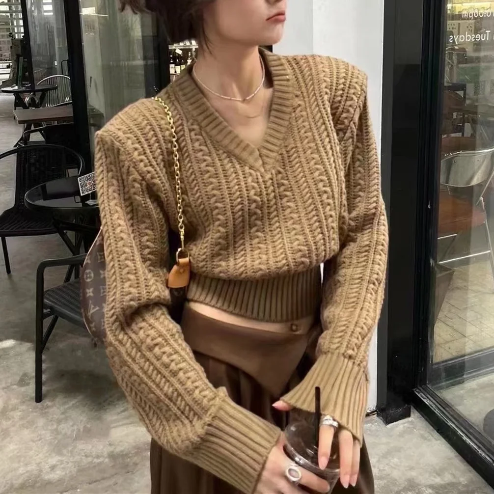 

High waist thread pullover sweater V-neck waist closing short Fried Dough Twists knitwear women 2023 new