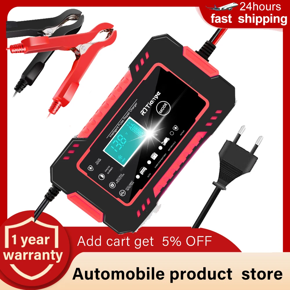 12V 6A Car Battery Charger Power Puls Repair Chargers For Auto Moto Lead Acid AGM Gel VRLA Smart Charging Digital LCD Display