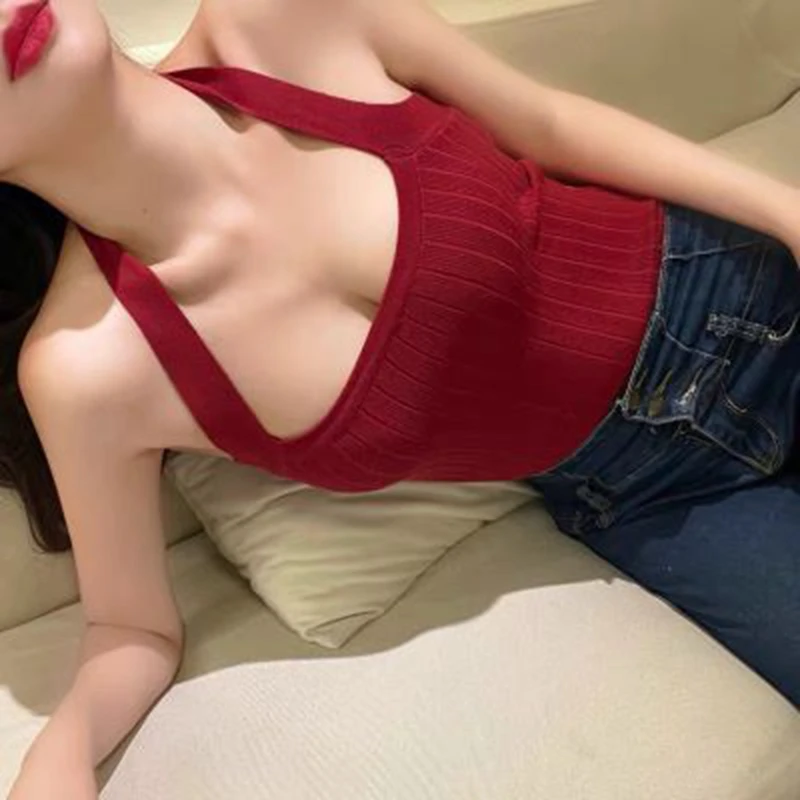 

Майка женская трикотажная без рукавов, пикантный красный жилет с открытой спиной, Повседневная однотонная Базовая рубашка, Y2k, на лето