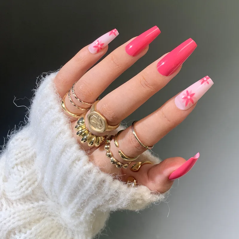 

24Pcs Pink Long Ballet False Nails Art Tips With Glue Detachable French Line Design Press On Nails Supplies For Professionals