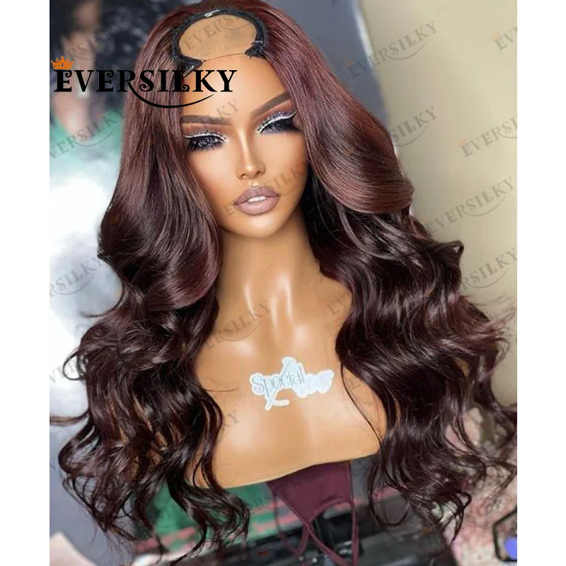 

99J Burgundy Body Wave 100% Human Hair 1x4 Opening U Part Wigs with 6Clips 200Density Wine Red Adjustable Straps U Part Wigs