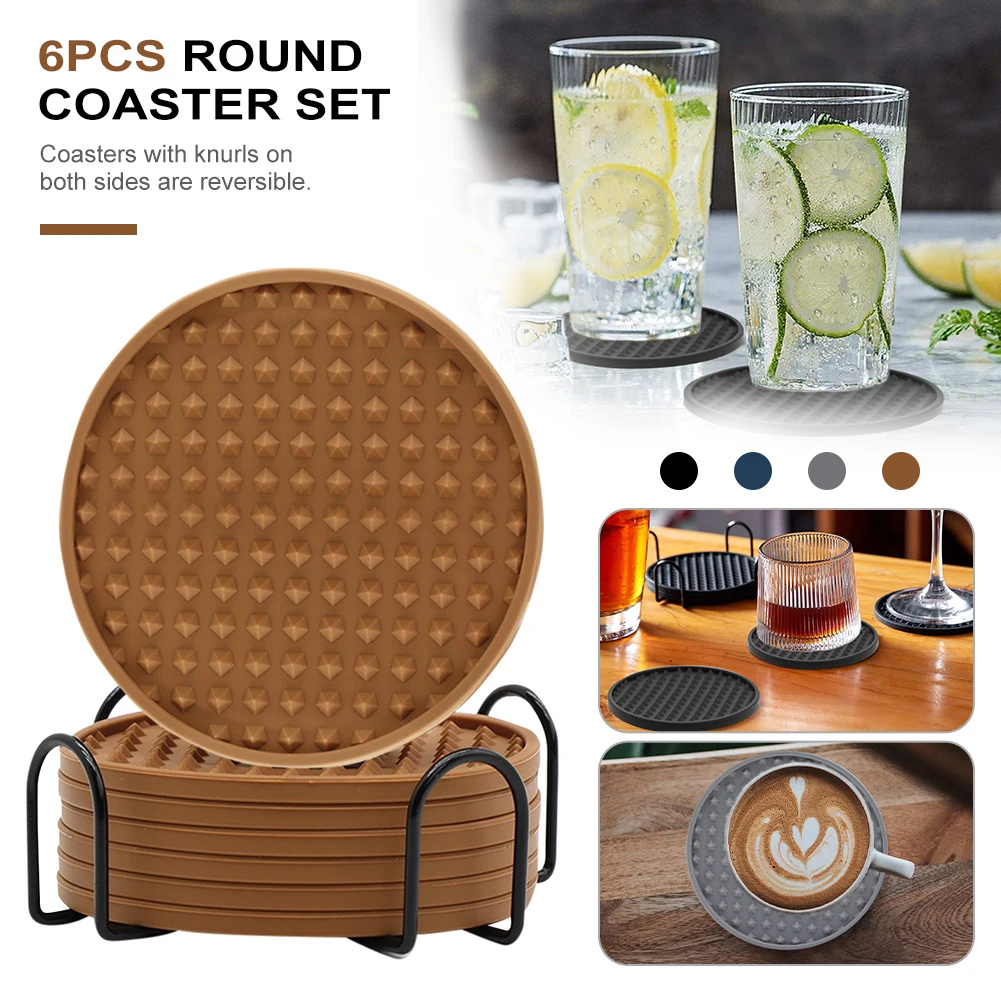 

6Pcs Round Coaster Set 10cm Coasters for Drinks with Holder Rack Coffee Cup Mat Dishwasher Safe Placemat Desktop Protector Pad
